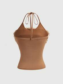 ROMWE Kawaii Y2K Vintage Sexy Halter 2 In 1 Furry Deer Embroidery Bodycon Camisole - Brown - View 2