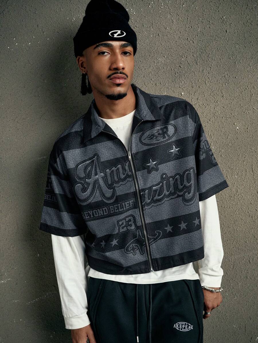 AXEPEAK 男士条纹字母印花拉链休闲短袖衬衫 - 彩色 - 查看 1