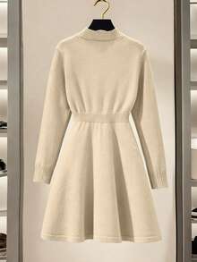SHEIN Franclia New Autumn V-Neck Waist Cinched Knitted A-Line Dress, Elegant And Intellectual - Apricot - View 2