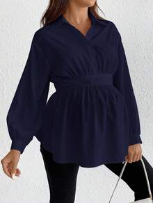 SHEIN Áo sơ mi dài tay đơn sắc cài nút phía trước dành cho bà bầu - Màu xanh hải quân - Xem 6