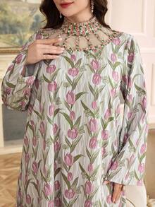 Al Najma Plus Size Women Floral Print Mesh Patchwork Stand Collar Long Sleeve Arabic Style Dress - Multicolor - View 1