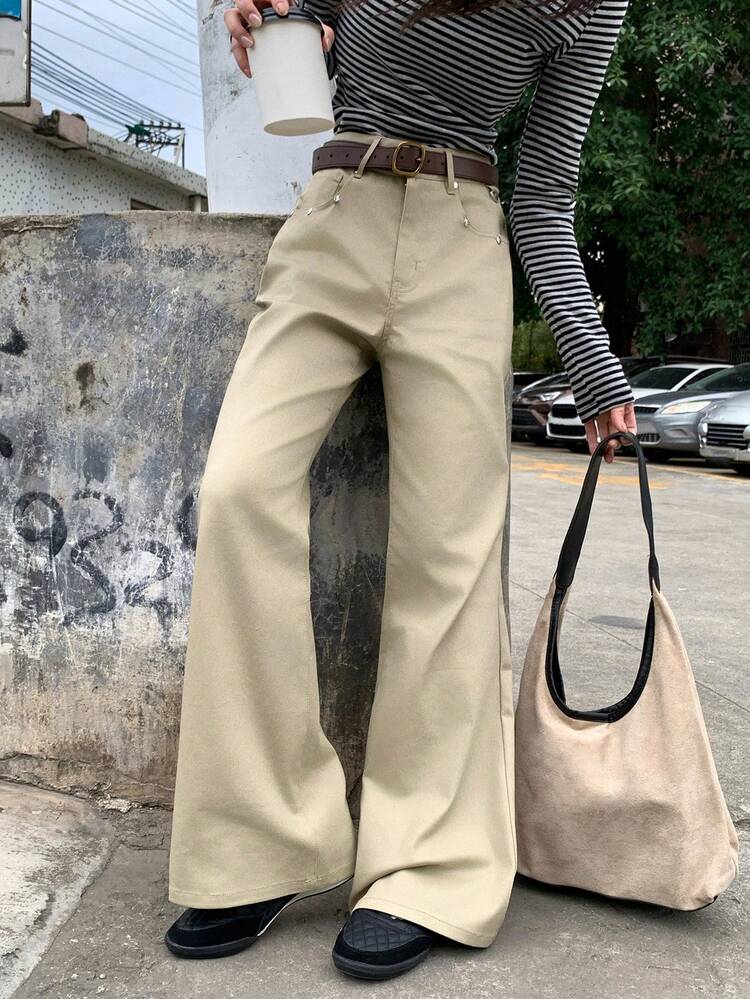 Women's Solid Color Casual Korean Style Contrast Color Rivet Flared Pants