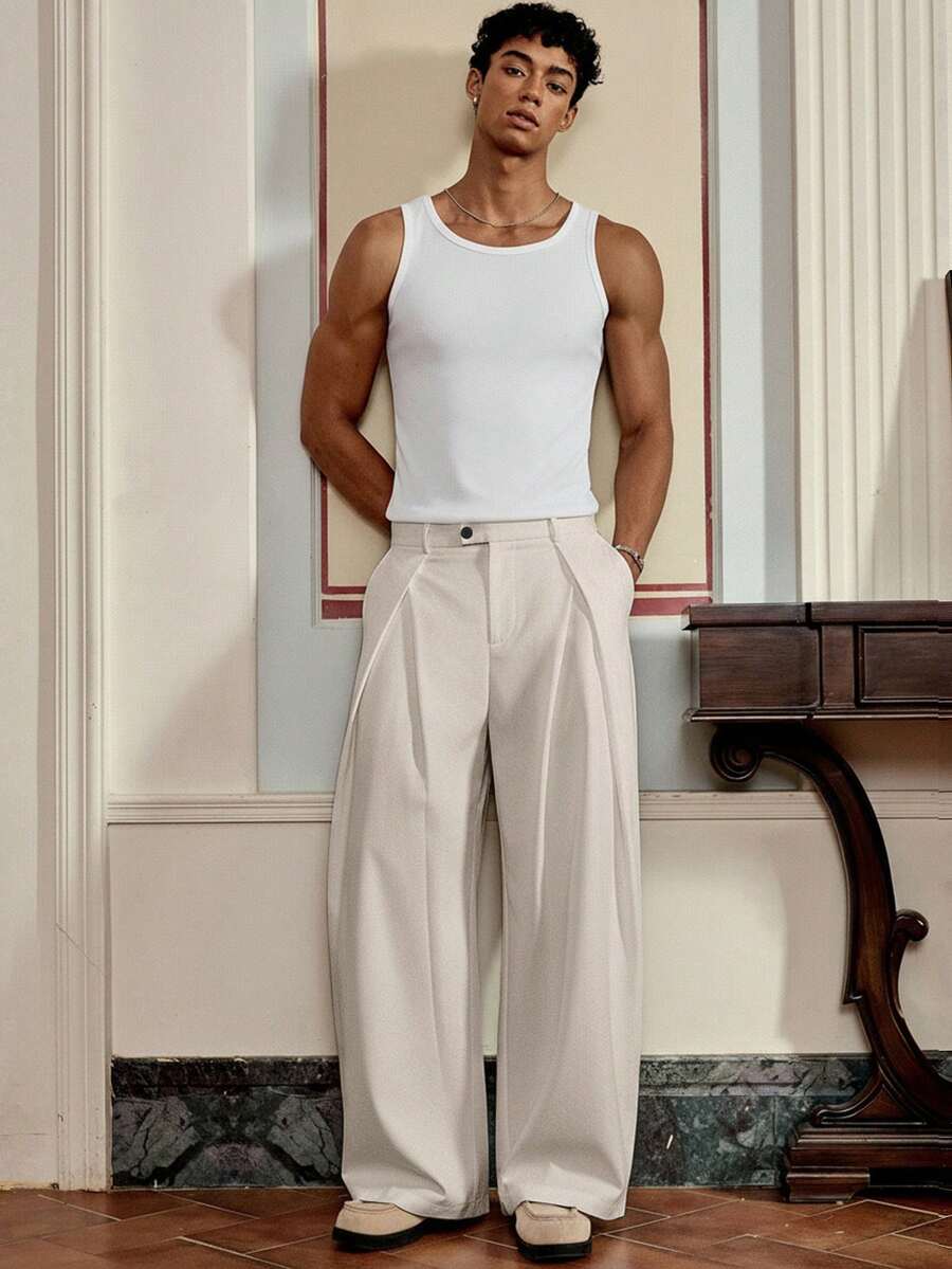 SWAVVY Pantalones casuales sueltos de pierna recta de unicolor para hombres - Albaricoque - Ver 1