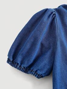 SHEIN Teen Girls Fashion Casual Y2k Vintage Cool Street Comfortable Blue Denim Small Stand-Up Collar Bubble Short-Sleeved Design Denim Dress For Teen Girl Clothes Teen Girls Dailywear And Teen Girl Spring And Summer Rave Outfits Festival And Outfits Streetwear Clothes - Blue - View 5