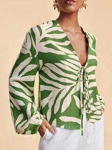 Travachic Cămașă pentru femei cu imprimeu floral țesut, cu mâneci evazate și nod în față, stil Vacation