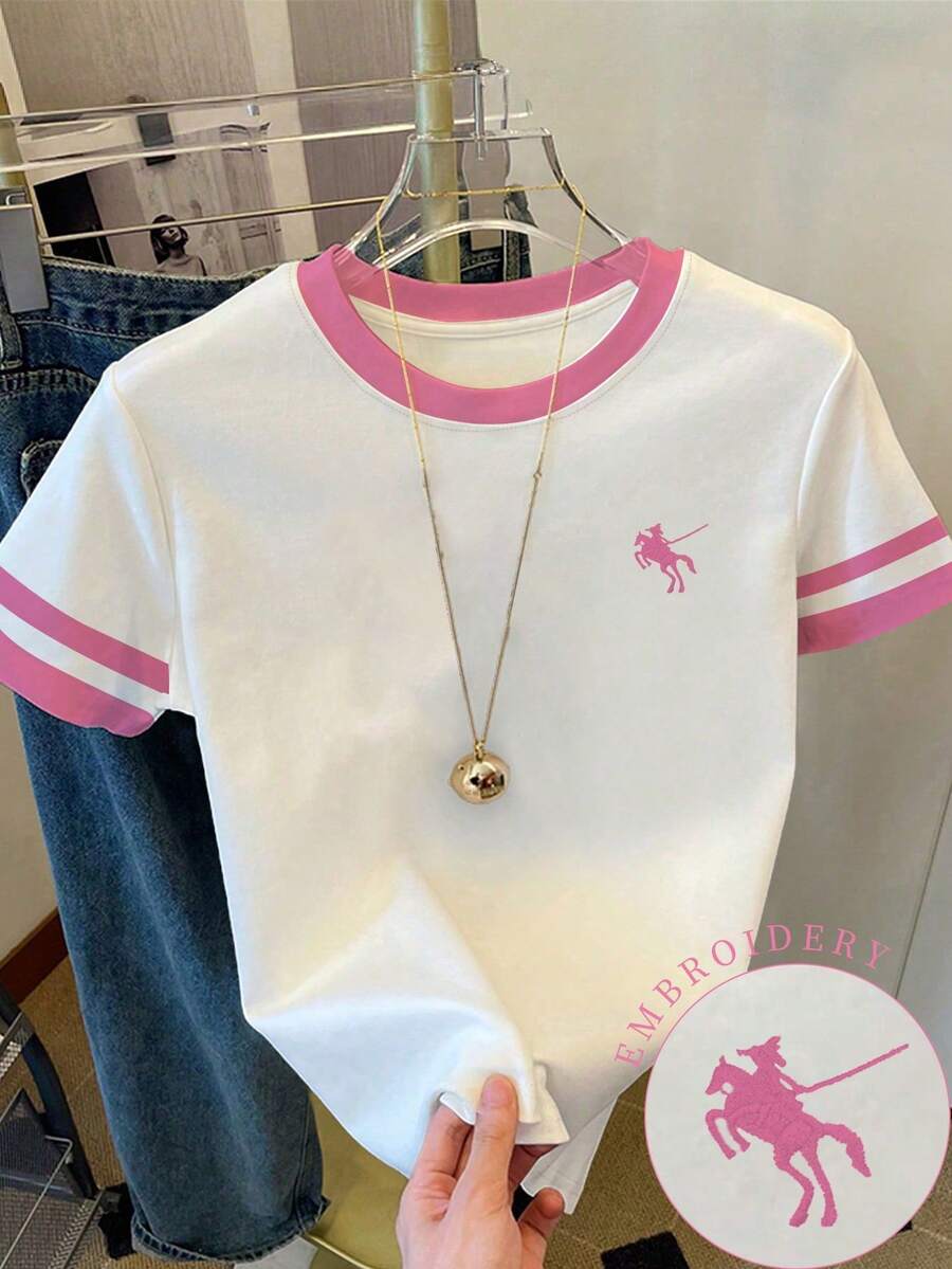 Resyla 女款T恤/保罗图案印花/刺绣工艺/女士宽松休闲撞色圆领T恤上衣/春夏