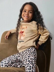 Maija Kids Maija Kids 两件套：女童卡通熊图案针织柔软圆领长袖套头卫衣和豹纹弹力腰喇叭裤 - 杏色 - 查看 5