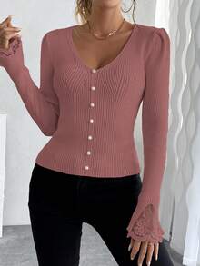 EMERY ROSE Áo len dệt kim tay bồng cổ chữ V phối ren Pháp, đính ngọc trai, dài tay - Màu Hồng  San hô - Xem 6