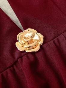 Viva Relle 金色秋季優雅大碼女款V領玫瑰泡泡袖收腰A字黑色洋裝，法式奢華網紗拼接時尚派對夜店風 - 酒紅色 - 查看 7