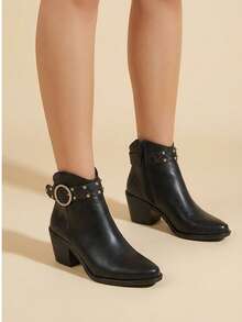 Botines de Mujer con Hebilla Decorativa, Punta Afilada y Tacón Grueso para Estilo Elegante y Ocasiones Especiales - Negro - Ver 2