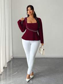 Elenzga Áo cánh nữ cổ vuông tay dài thắt eo đính ngọc trai thanh lịch lãng mạn mùa xuân/thu cỡ lớn - Màu Đỏ Sâu - Xem 5