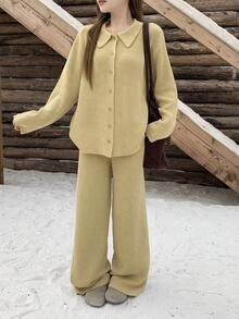 DAZY 女士休闲纯色翻领开衫针织两件套，包含开衫和长裤，秋冬款 - 卡其色 - 查看 7