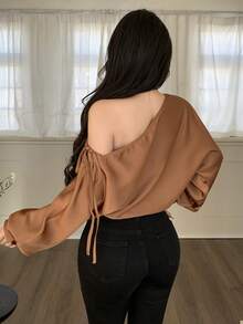 Feyla Blusa holgada de manga farol con cuello asimétrico de unicolor minimalista para vacaciones, para mujer, primavera/otoño - Marrón - Ver 3