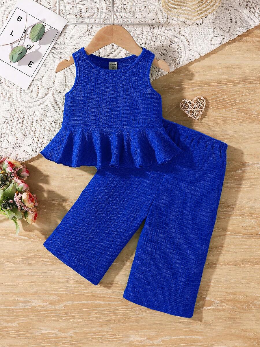 SHEIN Babygirl Summer Cute Solid Color Textured Sleeveless Top And Elastic Waist Loose Pants Set - Blue - View 1