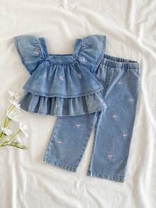 Vintaside Kids 女婴牛仔套装 - 荷叶边碎花衬衫搭配宽松牛仔裤，休闲时尚，适合春秋季日常穿着、拍照、派对等场合，秋季新品上市 - 淺色水洗藍 - 查看 1