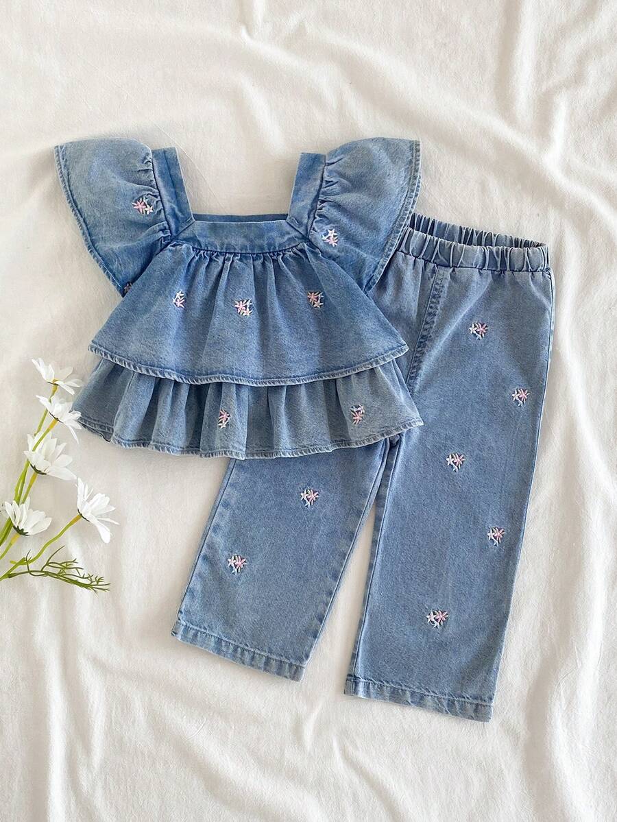 Vintaside Kids 女婴牛仔套装 - 荷叶边碎花衬衫搭配宽松牛仔裤,休闲时尚,适合春秋季日常穿着、拍照、派对等场合,秋季新品上市 - 淺色水洗藍 - 查看 1