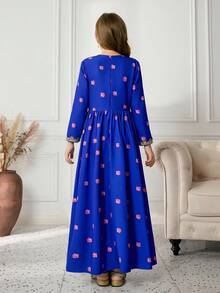 Vestido azul para niña preadolescente con ribete floral de estilo de Oriente Medio, atuendo para festival - Azul - Ver 2