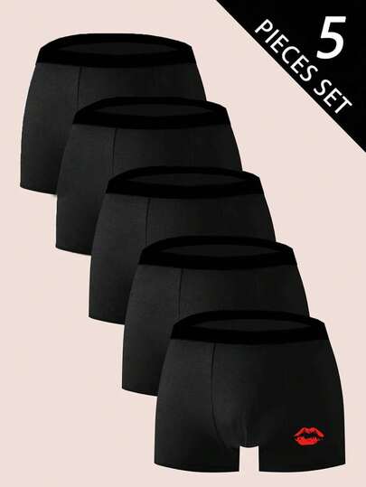 Manfinity Underwear&Sleepwear Basics 5pcs/Pack Plus Size Men's Seamless Printed Boxer Briefs, Comfortable Underwear For All Seasons