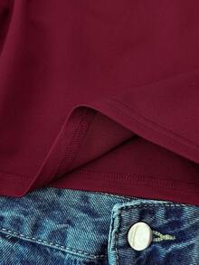 酒红色针织褶皱胸部蕾丝边修身长袖休闲T恤上衣，适合青少年女孩 - 酒紅色 - 查看 6