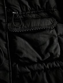 SHEIN MOD 大码女式黑色中长款连帽棉服外套、束腰长款棉服外套、连帽长款冬季夹克、基本款冬季棉服外套 - 黑色 - 查看 8