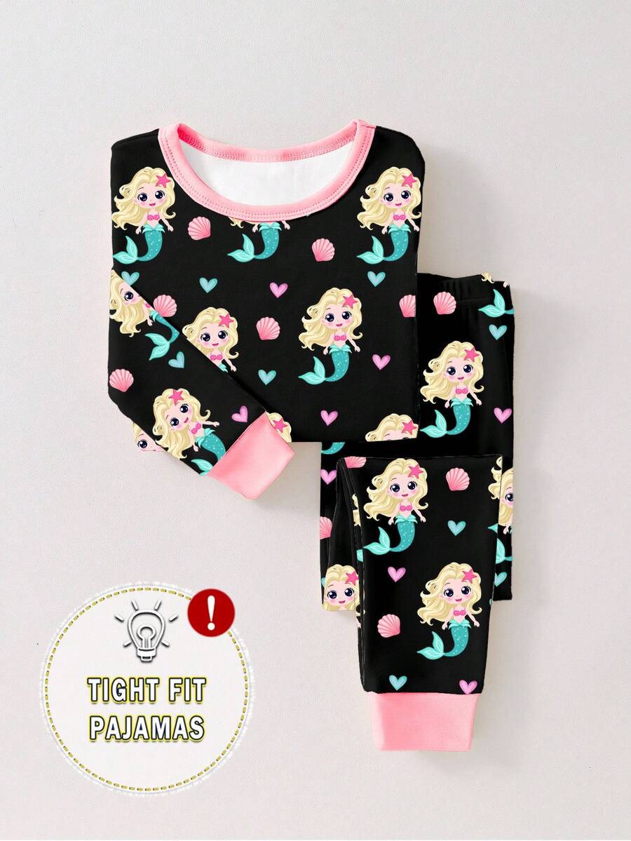 一套女童夜光美人鱼印花针织紧身睡衣套装，适合作为女孩礼物 - 黑色 - 查看 1
