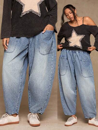 Freevana Plus Size Women Casual Loose Pocket Elastic Waist Jeans,Plus Size Tapered Denim Pants,Loose Fit Tapered Jeans,Heavy Wash Denim Pants,Large Pocket Denim Pants,Vintage Wash Denim Pants,All-Season Casual Tapered Pants,Home Casual Denim Pants,Everyday Versatile Denim Pants,Old Money Style Tapered Jeans,Outdoor Casual Denim Pants,Comfortable Loose Denim Pants,Work-Friendly Denim Pants,Four Seasons Denim Pants,Loose Fit Lantern Jeans,Mom Style Jeans,Valentine's Day