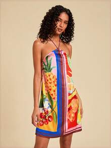 Travachic Vestido de vacaciones con estampado de frutas tropicales, sin espalda y con cuello halter - Multicolor - Ver 5