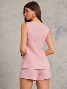 L'Amorae 女士粗花呢金色纽扣马甲背心商务休闲办公室复古款 - 粉色 - 查看 4