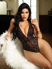SHEIN 1件装女士蕾丝无钢圈性感连体衣 - 黑色 - 查看 3