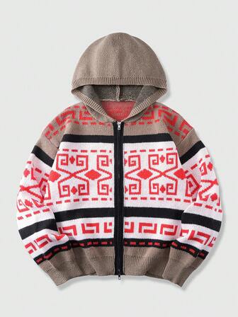 Cardigan à capuche en tricot jacquard casual blocs de couleurs pour hommes, automne/hiver