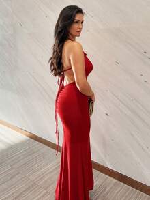 MDEdit Women Long Elegant Ruched Backless Red Dress With Spaghetti Strap,Prom Dress - Red - View 4
