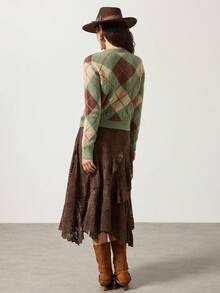 MYSTAURA Vintage Collegiate Argyle Contrast Color Crew Neck Fuzzy Knit Sweater, Suitable For Layering - Multicolor - View 2