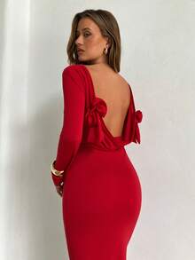 Aloruh Women's Elegant Red Autumn Party Maxi Dress,Christmas Round Neck Backless Bow Decor Fitted Waist Long Sleeve Date Night New Year Birthday Dresses - Red - View 9