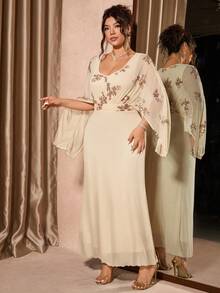 Allurite Vestido ajustado con cuello en V y mangas de murciélago con lentejuelas, elegante y de moda para mujer - Albaricoque - Ver 5