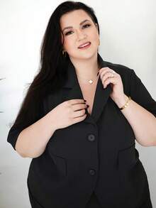 Truni Plus Size Women's V-Neck Short Sleeve Casual Blazer Graduation,Back To School,Teacher Outfits For Women In Fall/Winter, For Pear Triangle Body Shape, For Body Shape, For Summer - Black - View 3