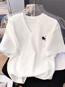 INAWLY 修身V领马匹印花图案夏季休闲时尚女式短袖T恤 - 白色 - 查看 1