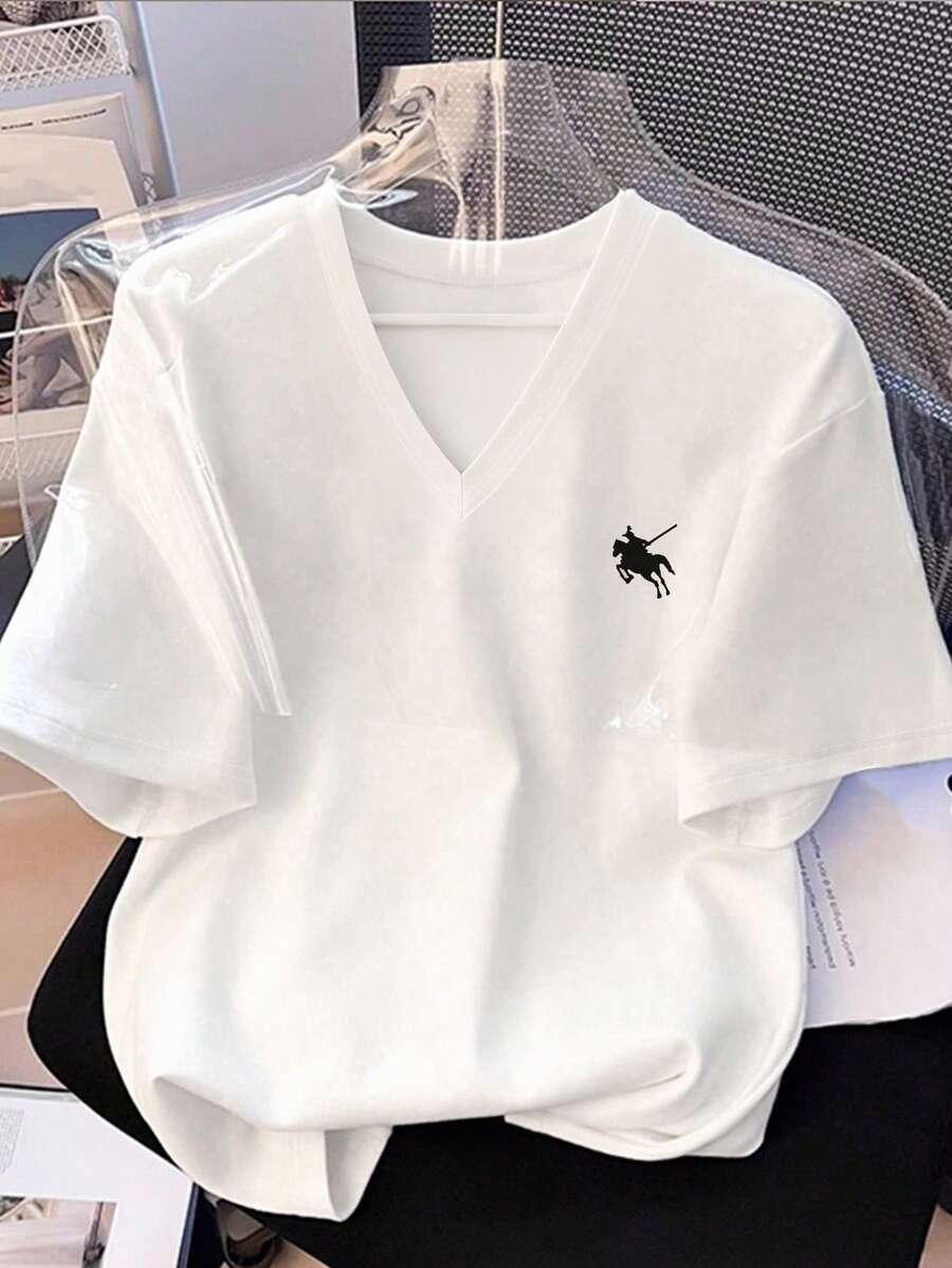 INAWLY 修身V领马匹印花图案夏季休闲时尚女式短袖T恤 - 白色 - 查看 1