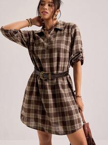 Freevana Váy kẻ caro cổ điển thường ngày cỡ lớn tay cuộn - Cà phê nâu - Xem 2