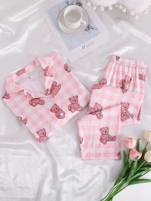 2pcs/Set Girls Sweet Pink Plaid Bear Print Long Sleeve Cardigan Top And Pants Homewear Set,Cute Winter Sleep Pajama Sets For Girls - Pink - View 4