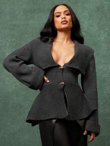 Vixey Áo khoác cardigan tay dài cổ shawl rộng, vạt peplum, dệt gân. - Màu xám đen - Xem 1