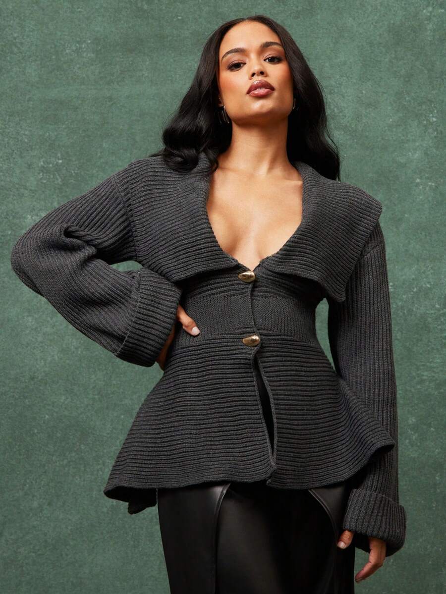 Vixey Áo khoác cardigan tay dài cổ shawl rộng, vạt peplum, dệt gân. - Màu xám đen - Xem 1
