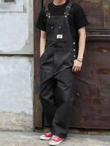 Manfinity Hypemode Men's Black Bib Pants, Casual Loose Straight Leg Overalls.Men's Streetwear,Baggy,Brand,I Love My Boyfriend,Graphic,Boyfriend, - Black - View 1