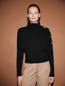 SHEIN Luminelle New Women's Two-Piece Faux Metal Button Long-Sleeved Pullover Knit Cardigan Cape, Black, Elegant For Commuting, Vacation, Casual, Winter, And Holidays.