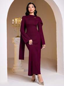 Veilorie Women's Elegant Party Bell Sleeve Fitted Dress Knit Maxi Wine Red Dress Modest Two Piece Set Knit Maxi Dress