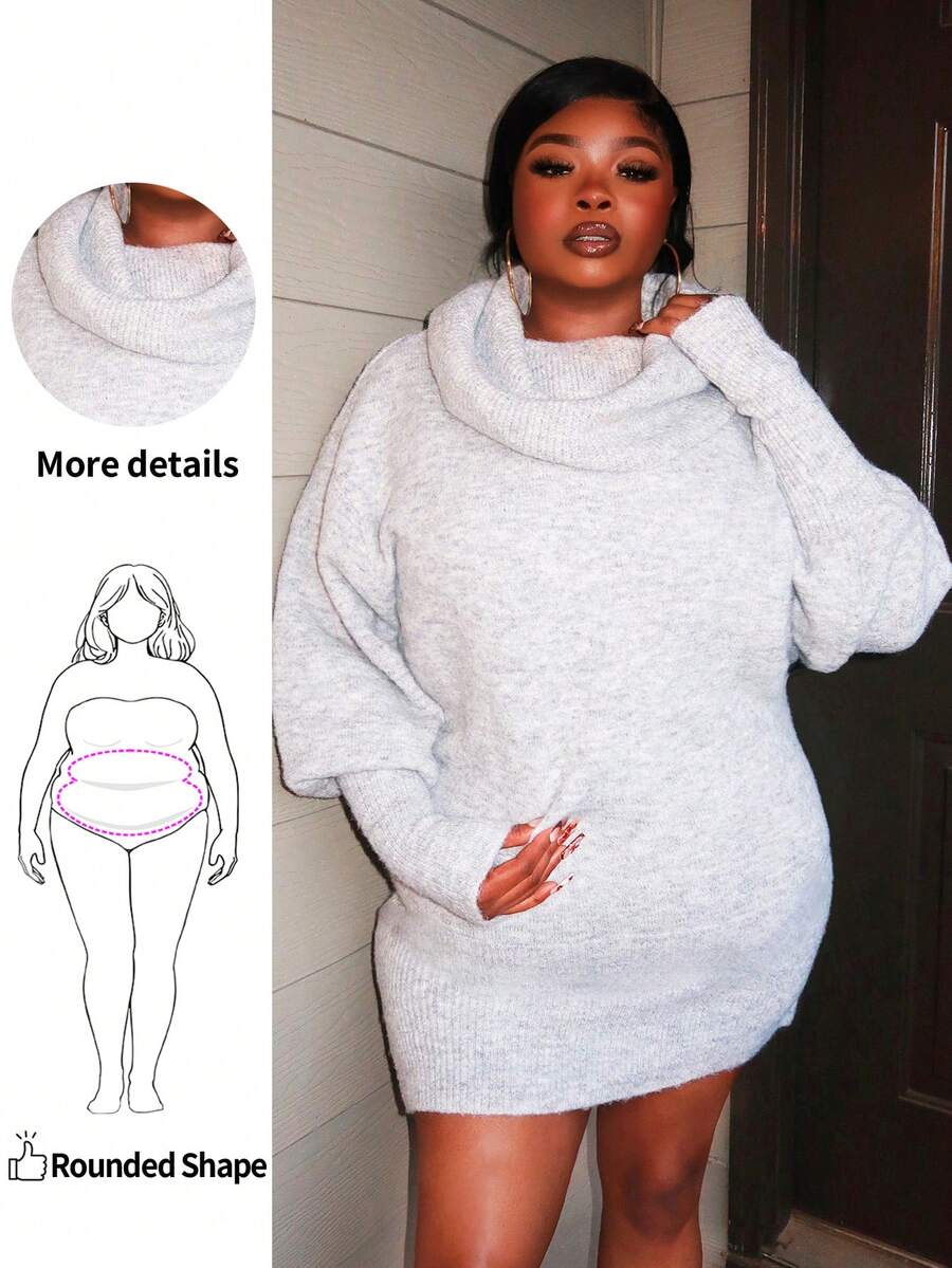 Enliva Vestido suéter plus size casual vintage inspirado no estilo Y2K cinza ombro de fora manga comprida, confortável e versátil para uso diário, adequado para outono/inverno - Cinza - Ver 1