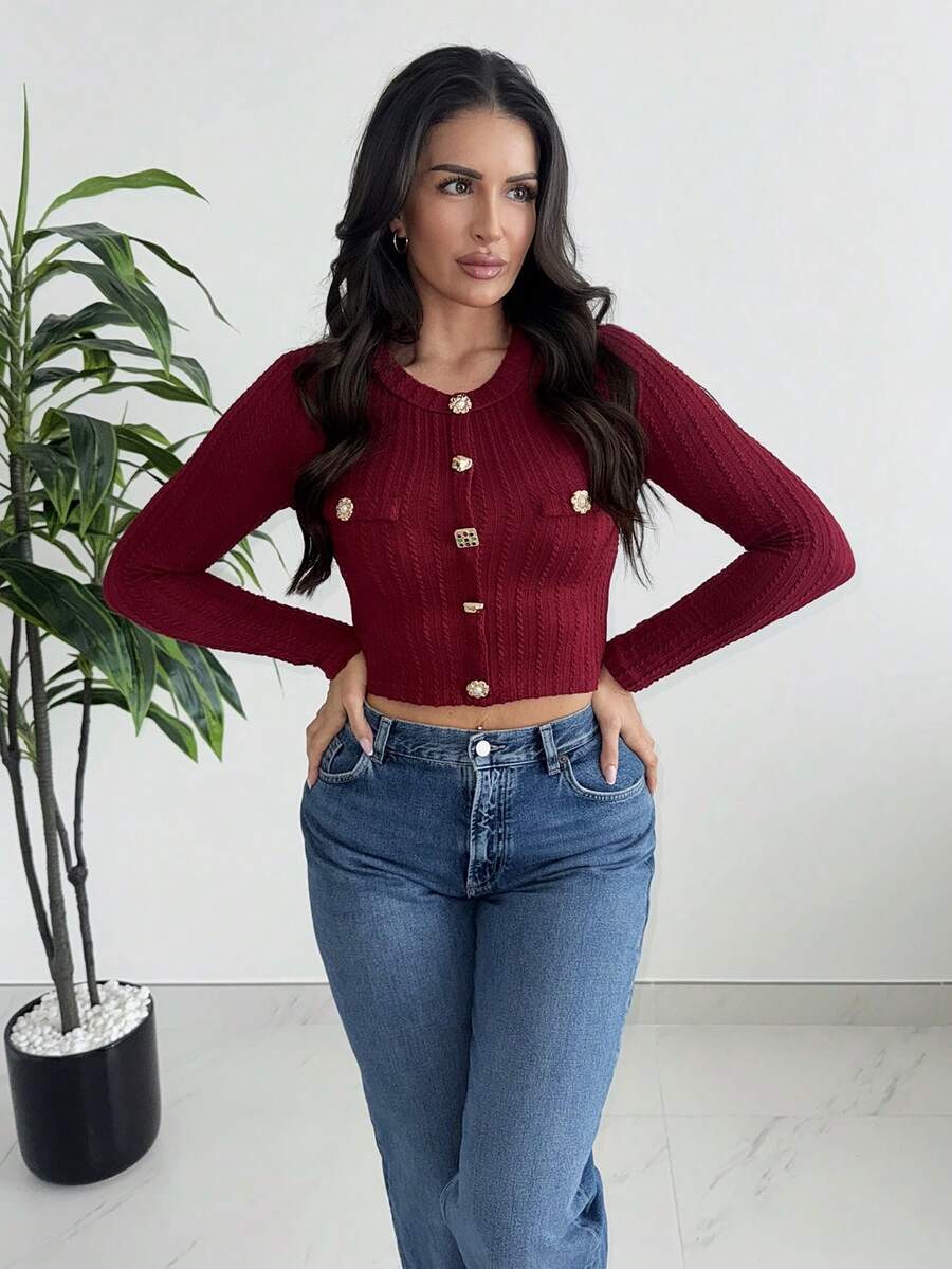 MDEdit Black Elegant Round Neck Metal Button Bell Sleeve T-Shirt, Autumn T-Shirt, Layer T-Shirt, Long Sleeve T-Shirt, Sexy Black Top, Costume For Women - Burgundy - View 1