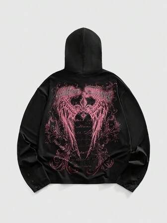 Street Life Herren Lässig Langarm Hoodie mit Flügel- und Buchstaben-Strass-Knöpfen