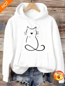 ‌Sudadera con capucha para mujer nueva de otoño invierno abrigada holgada y versátil con estampado de gatitos ideal para vacaciones paseos y viajes‌ - Blanco - Ver 1