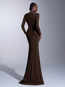 Elitara Elegant And Simple, This Coffee-Colored Stretch Mesh Dress Features Twisted Details, A V-Neck, Long Sleeves, And A Fishtail Silhouette. Suitable For All Formal Occasions, Including Weddings And Bridesmaid Dresses.,Wedding Party Dress - Coffee - View 4