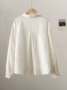 SHEIN Teen Girls Casual Minimalist Beige & White Pinstripe Long Sleeve Button-Down Shirt Spring & Autumn Lightweight Breathable Fabric With Polo Embroidery For Daily School & Casual Outings - Apricot - View 2